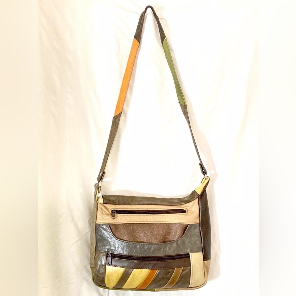 VTG 90s Grunge Leather Patchwork Crossbody Bag Purse Brown Tan Earth Tone Mexico